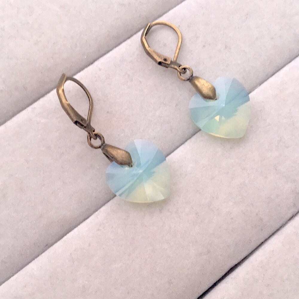 Chrysolite Opal + Antique Brass Crystal Heart Drop Earrings - Picture 3 of 4